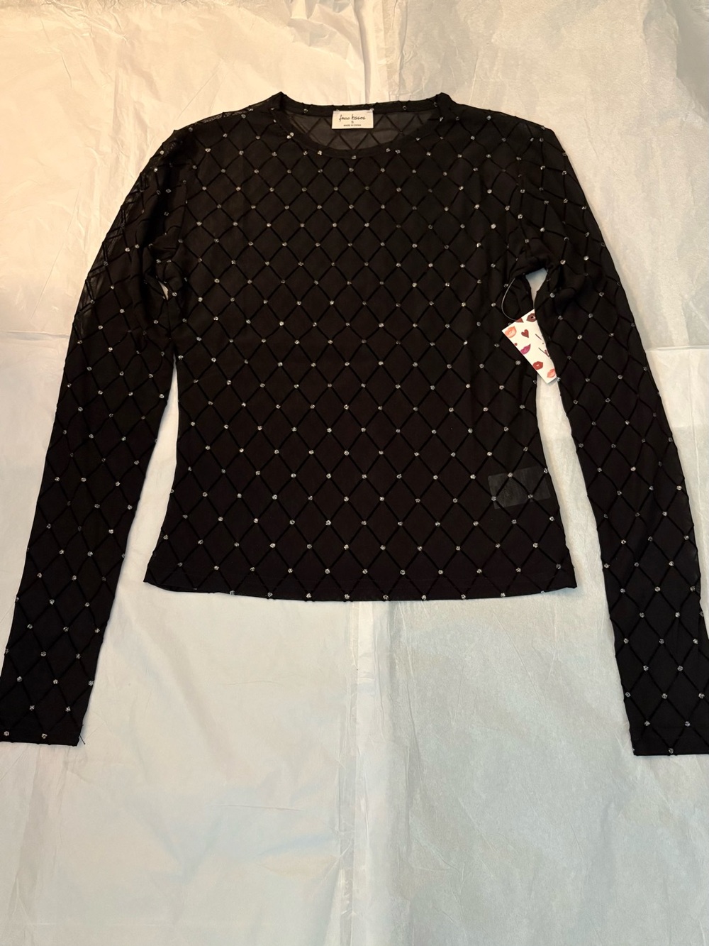 Free Kisses Black Mesh Top Diamond Shape with Silver Metallic Thread
